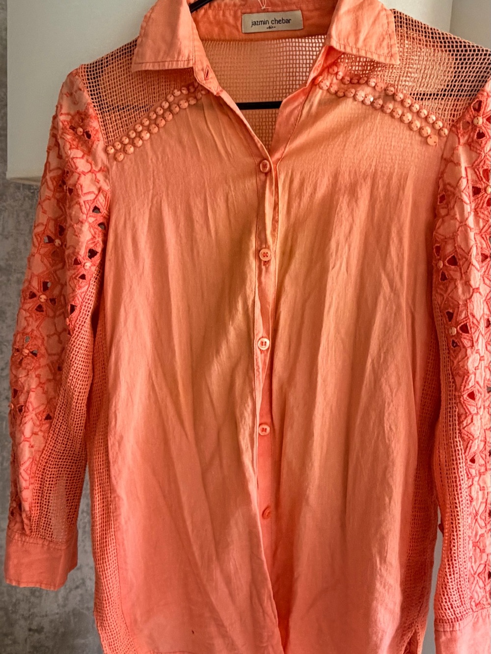 Jazmin Chebar Coral Lace-Sleeve Button Down Shirt